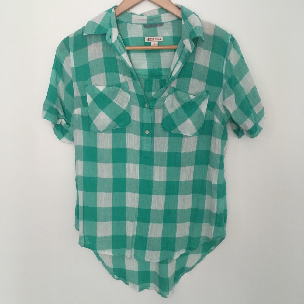 Teal and white plaid/check pattern shirt